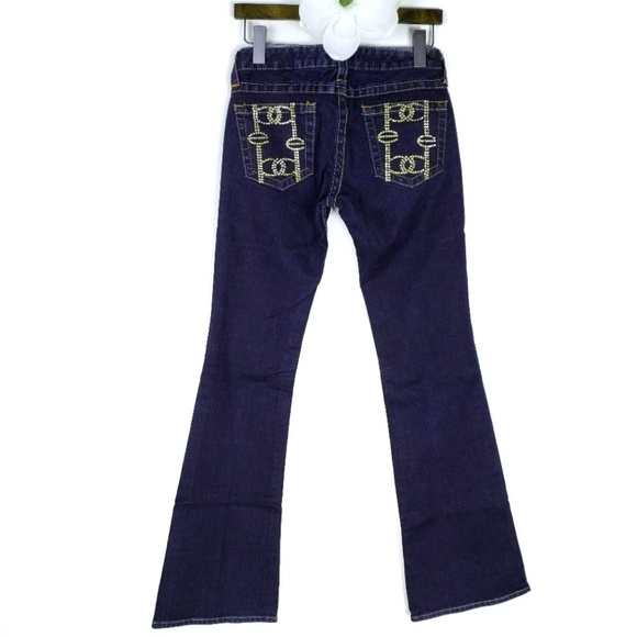 Bebe Kayla Gold Rhinestone Embellished Deep Wash Flare Stretchy Jeans Size: 26P - Picture 3 of 9